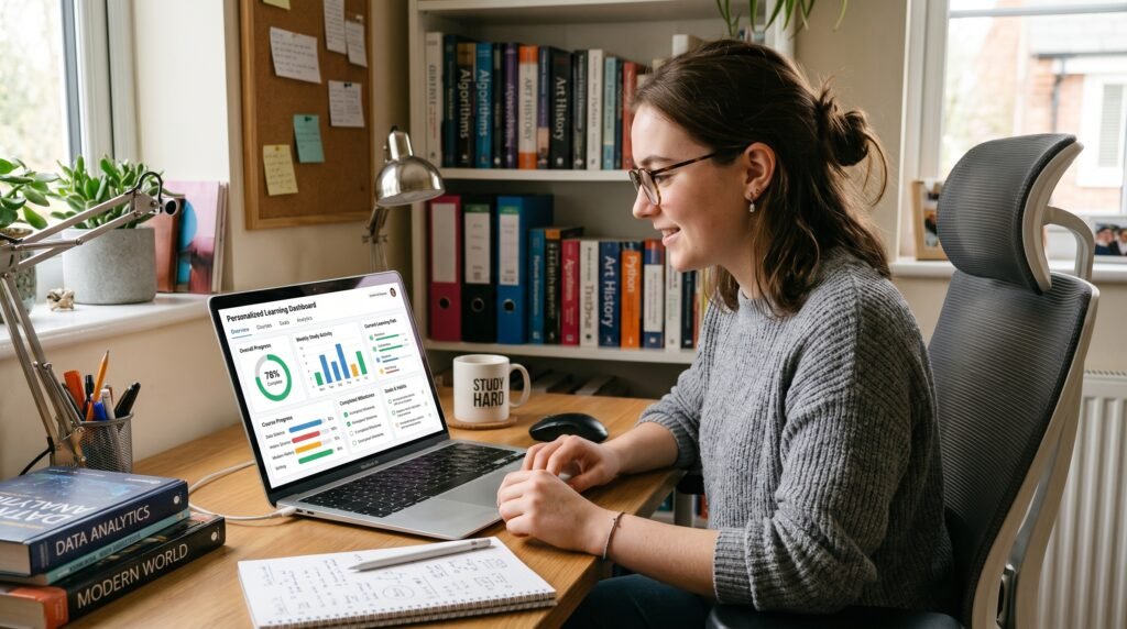 "Student using a personalized online learning platform to study at their own pace."

