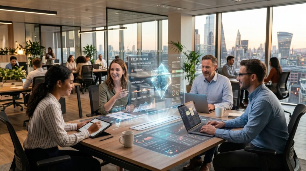 Several intelligent systems working together while remaining connected to human oversight. The image emphasizes transparency and responsible AI collaboration.