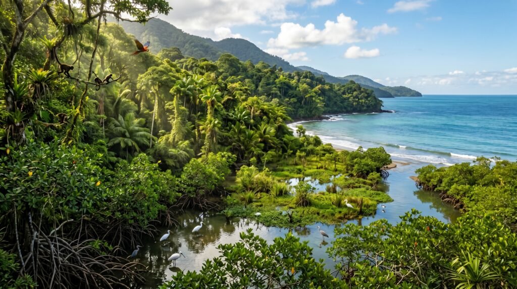 Lush healthy ecosystem with forests, wetlands, mangroves, and ocean views absorbing carbon, sunlight filtering through trees, animals thriving, ultra-realistic nature conservation photography, vibrant green tones