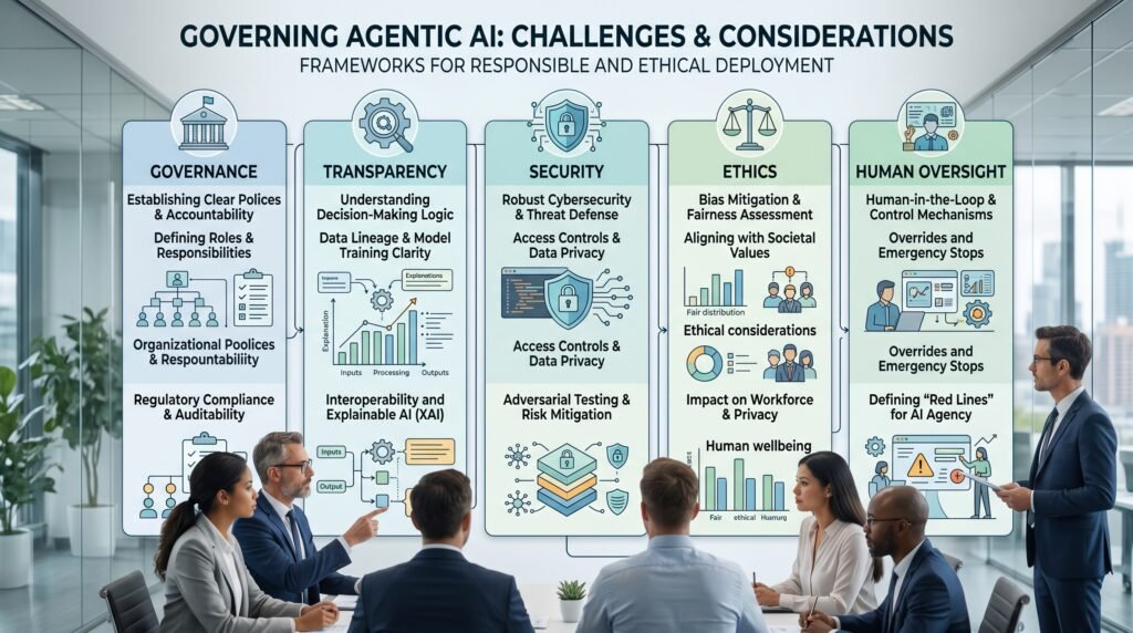 An illustration highlighting the responsibilities and limitations associated with autonomous AI systems. The image emphasizes the importance of governance and responsible implementation.