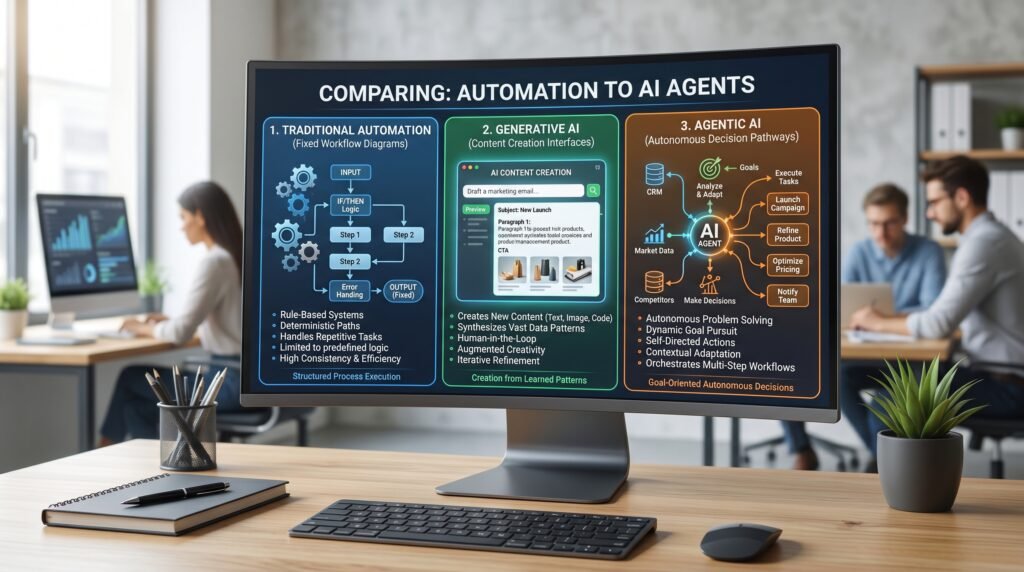A comparison between traditional automation, generative AI, and agentic AI displayed through different workflow styles. The image highlights increasing levels of flexibility and autonomy.
