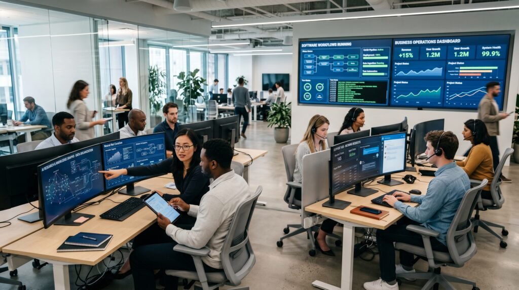 Examples of agentic AI supporting research, customer service, software development, and business operations. The image highlights practical applications in modern workplaces.