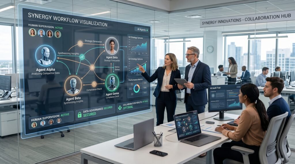 Several intelligent systems working together while remaining connected to human oversight. The image emphasizes transparency and responsible AI collaboration.