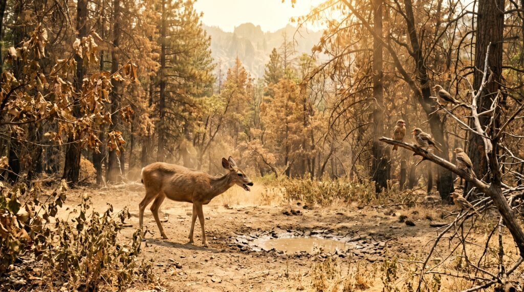 Realistic forest scene under intense heatwaves, visibly dry trees, wilted plants, animals like deer and birds struggling to survive, heat haze effect, golden harsh sunlight, cinematic realism, ultra-detailed nature photography style



