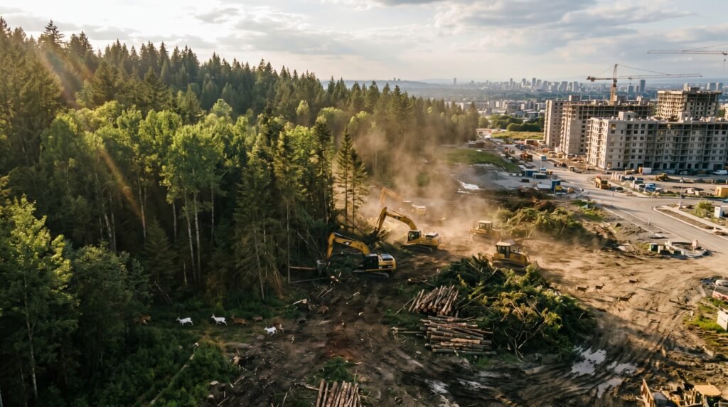 Realistic transition scene showing forest being cut down and replaced by urban buildings, machinery clearing trees, animals fleeing into the distance, dramatic lighting, high realism, environmental documentary style