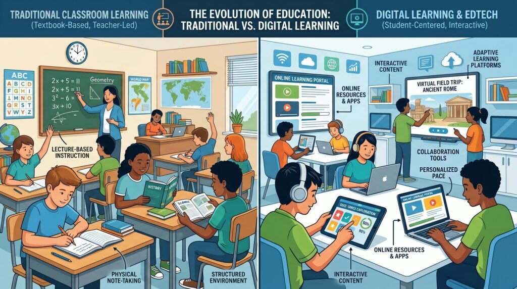 "Comparison of traditional classroom education and modern digital learning methods."

