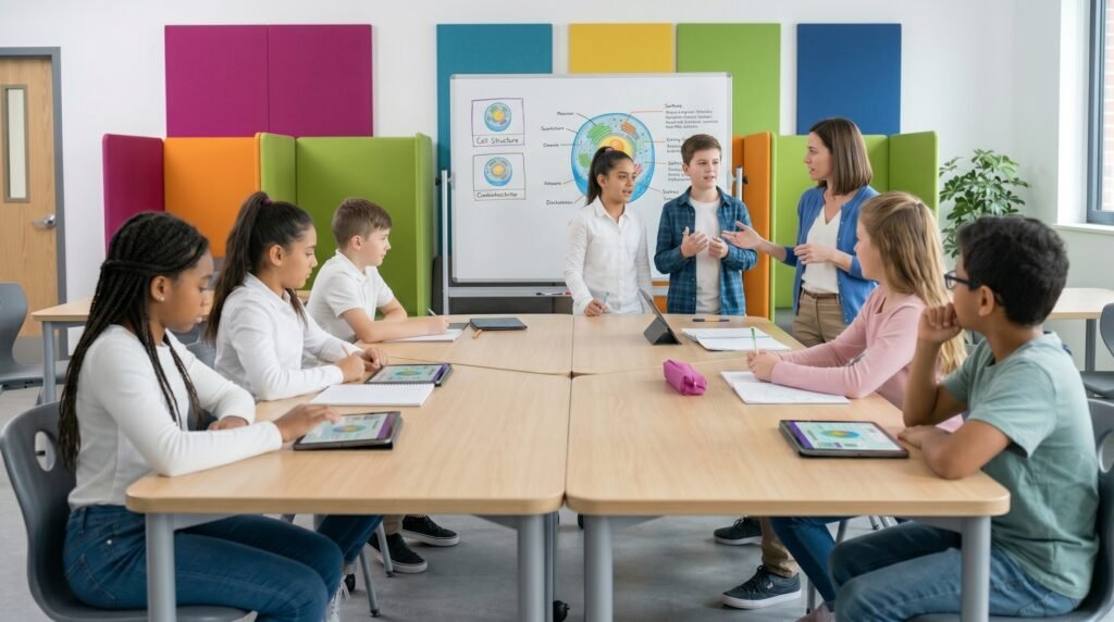 Students watching educational content on tablets and then participating in classroom discussions with a teacher, blended learning approach, modern school setting