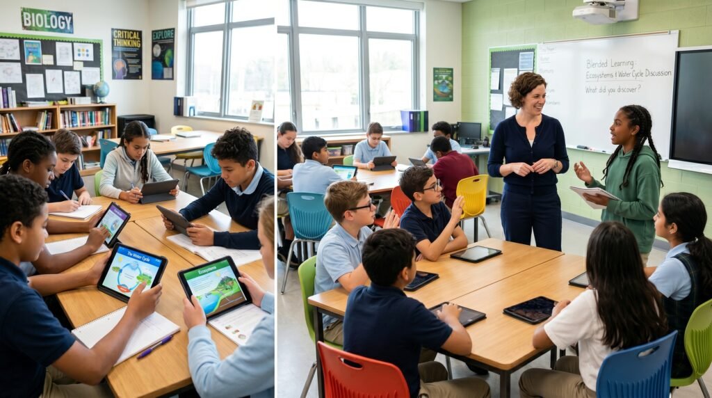 "Blended learning environment combining digital education with classroom interaction."

