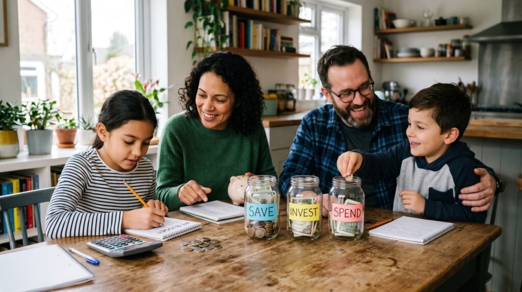 Parents introduce children to money management through practical learning activities.
The family discusses saving, budgeting, and financial responsibility together.
The image demonstrates how financial literacy starts at home.
Teaching these habits early builds confidence and future wealth skills.