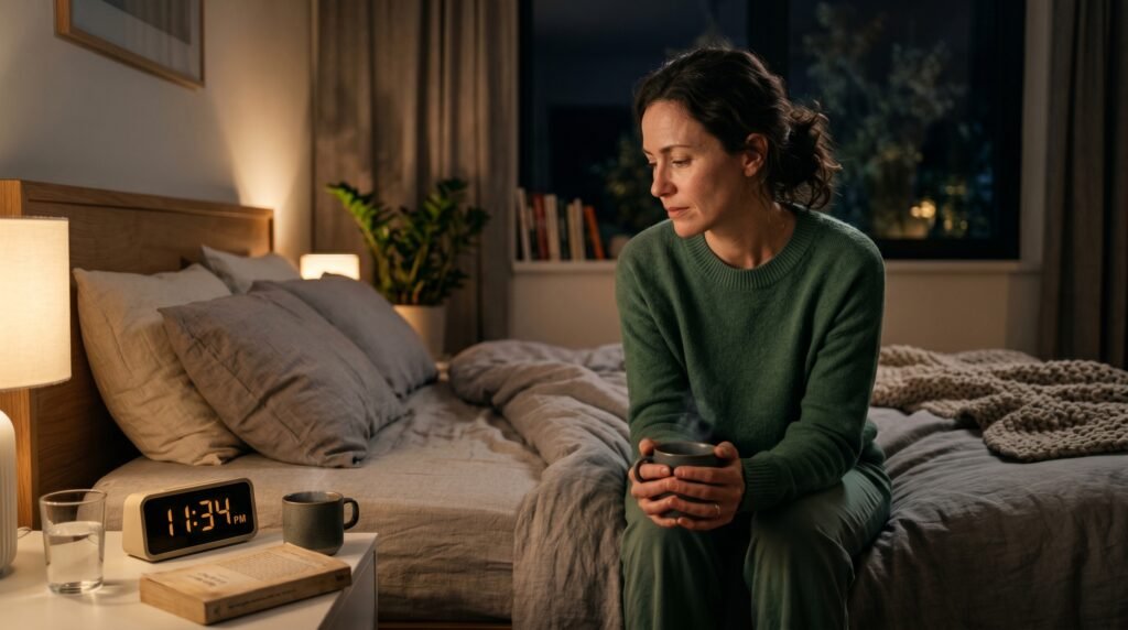 Person holding coffee at night showing the connection between caffeine and sleep quality.