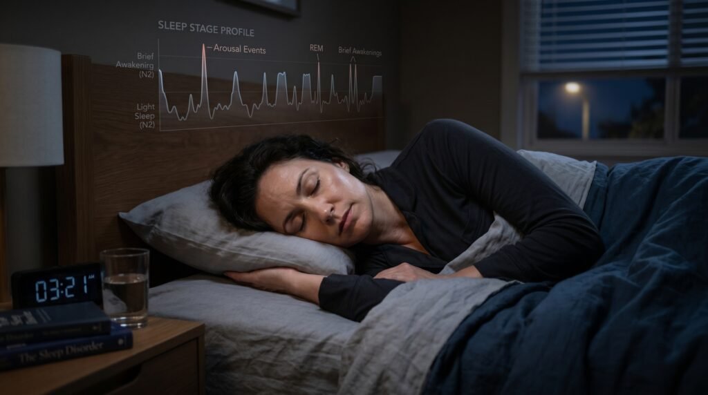 A sleeping person represents the hidden effects of caffeine on sleep quality.