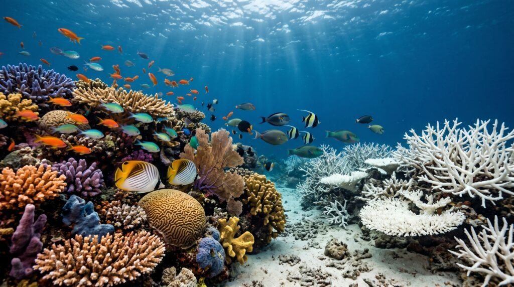 Ultra-realistic underwater coral reef scene showing healthy corals fading into white bleaching, tropical fish swimming around, warm ocean lighting, high-detail marine photography, cinematic underwater depth