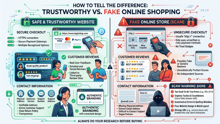 Visual comparison showing signs of a legitimate shopping website versus a fake online store.