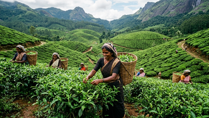 Farmers harvesting organic tea leaves in a natural tea plantation.