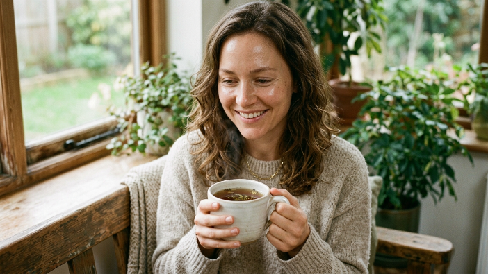 Person drinking organic tea as part of a healthy skin and wellness routine.