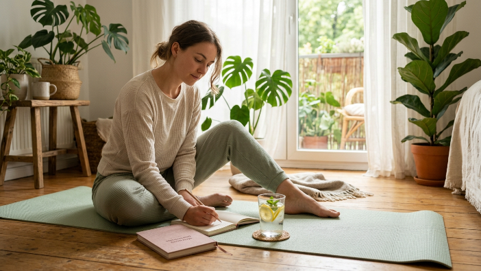 Morning wellness routine featuring a cup of organic tea.