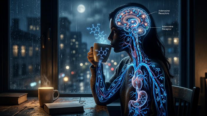 Realistic illustration showing how caffeine affects alertness and the brain.