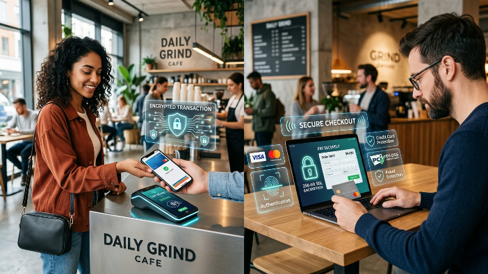 Secure digital payment process using encrypted checkout and protected online transactions.