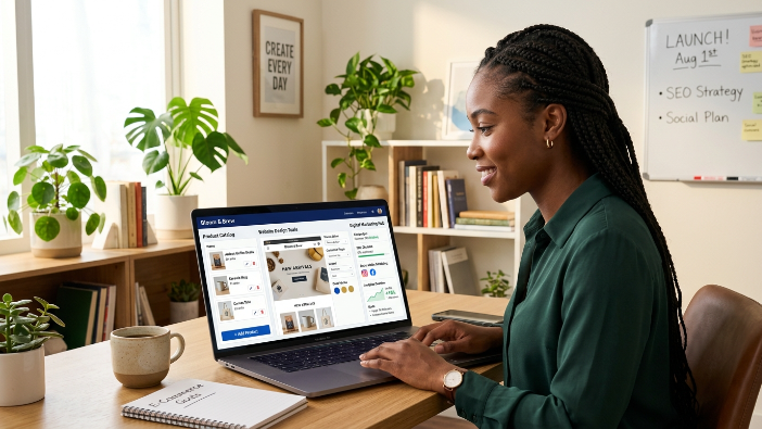 Business owner setting up an online store and preparing products for sale.