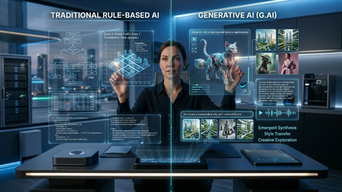 Comparison between traditional artificial intelligence and generative AI technologies