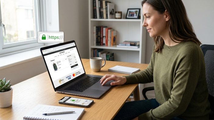 Customer checking website security and secure payment methods while shopping online.