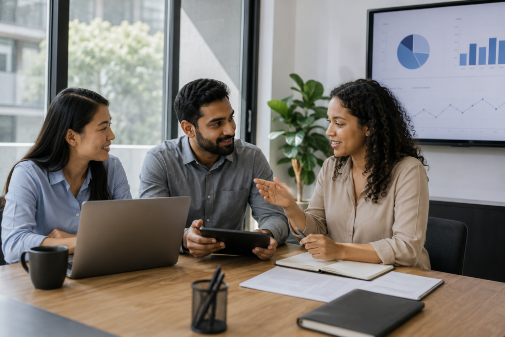 Team collaborating using AI-supported tools to review project data and productivity results