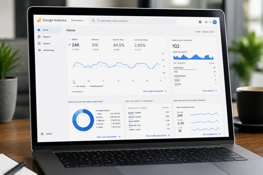 Marketing analytics dashboard measuring SEO performance, traffic, and conversions for small businesses.