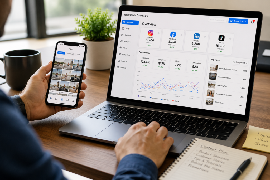 Social media marketing strategy helping small businesses build brand awareness online.