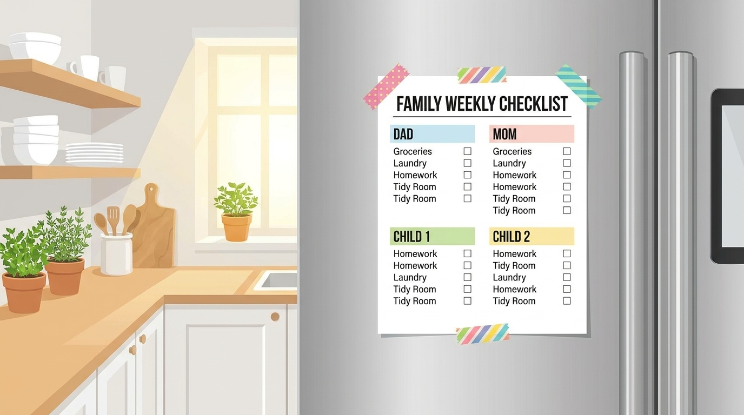 Family online safety checklist for parents displayed on a refrigerator