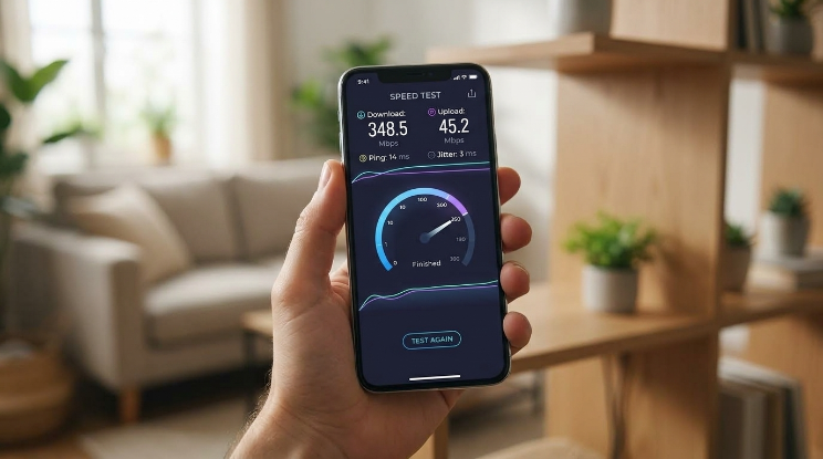 Internet speed test results shown on a smartphone during Wi-Fi troubleshooting