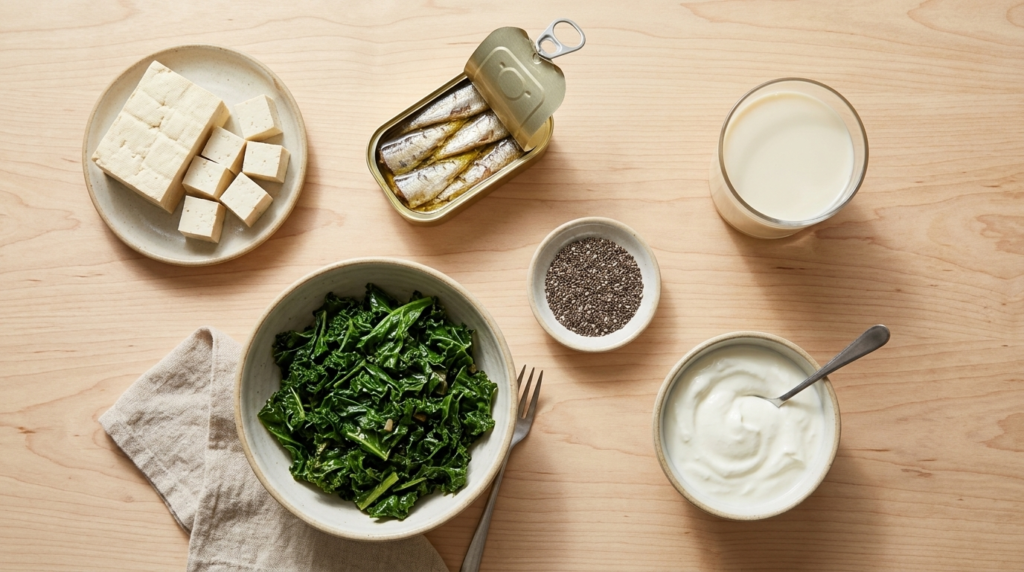 Flat-lay of calcium-rich foods for how to improve bone health naturally