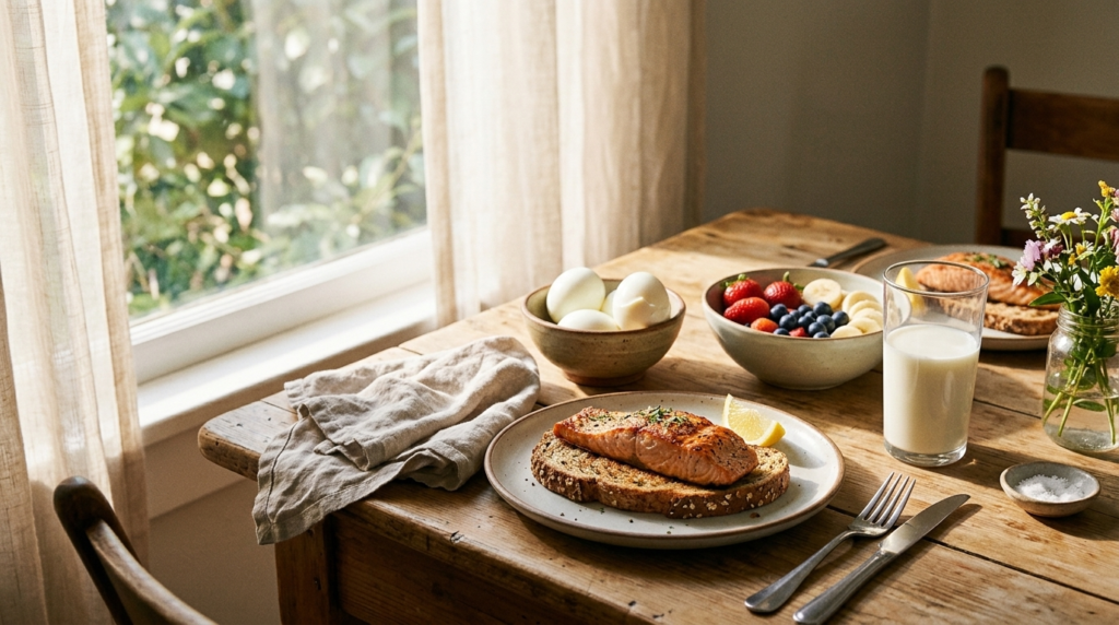 Breakfast with eggs, salmon and fortified milk supporting how to improve bone health naturally