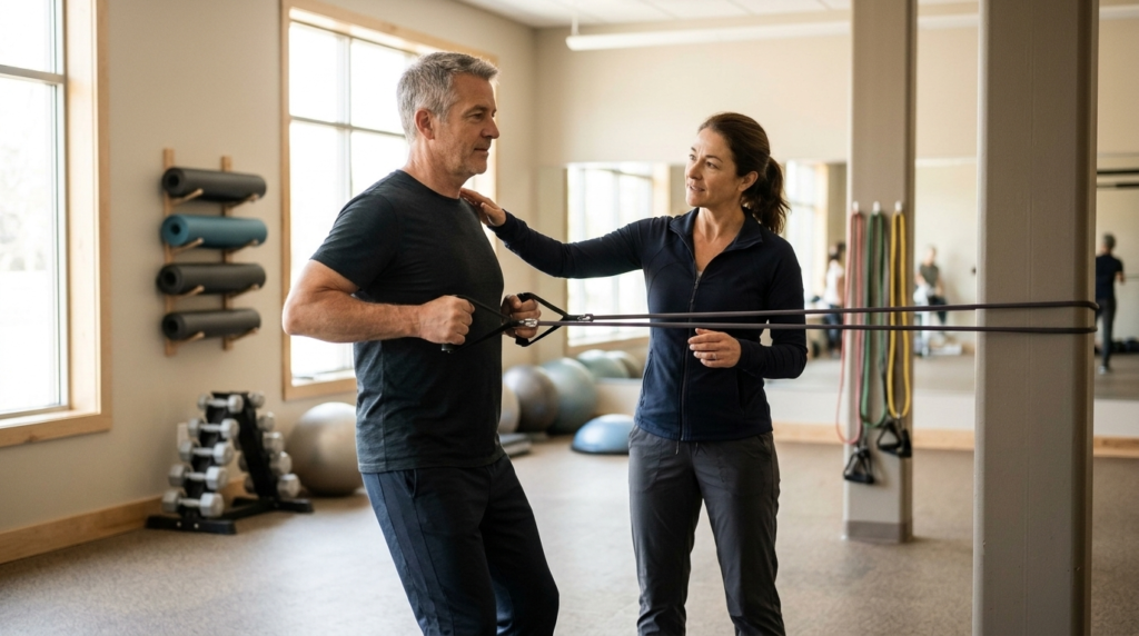 Supervised resistance band session illustrating how to improve bone health naturally with strength training
