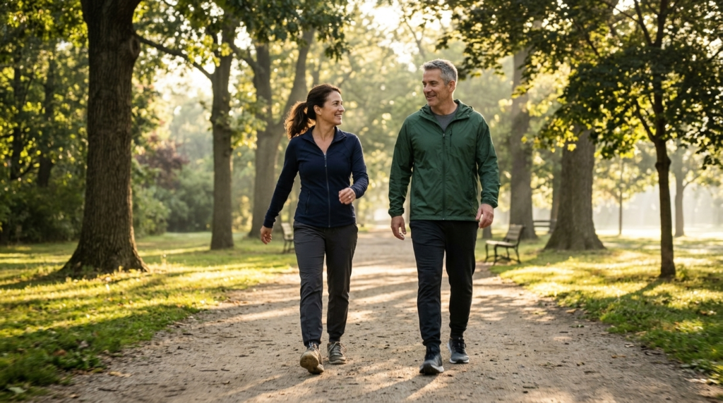 Two adults on a brisk park walk, a weight-bearing habit for how to improve bone health naturally